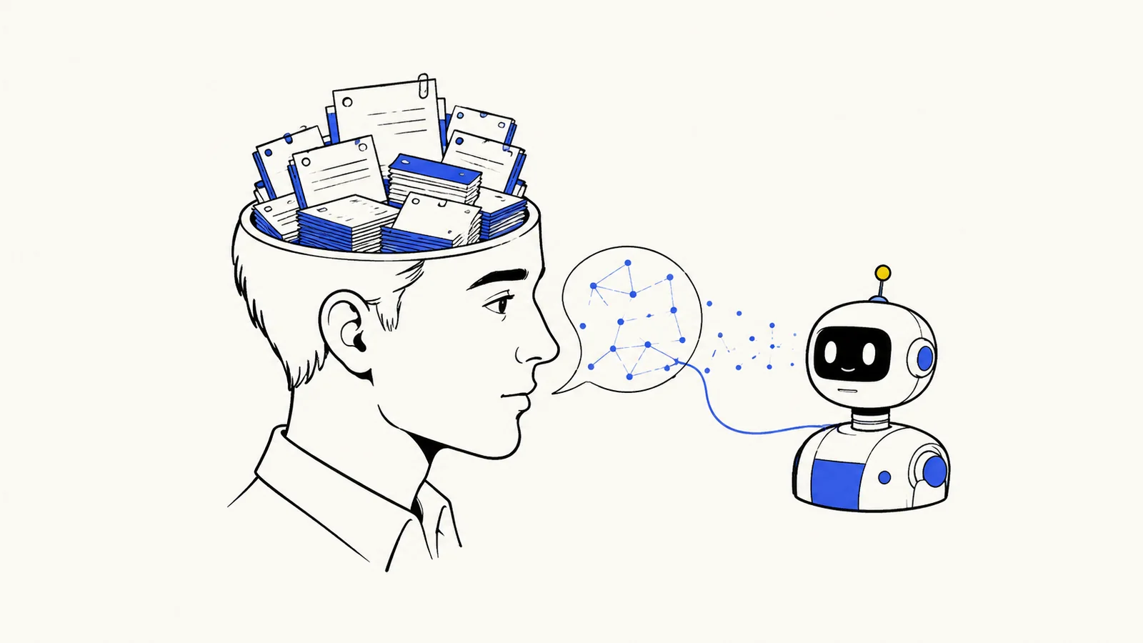 Ilustración a tinta: una cabeza de perfil cuyo cráneo es un archivo de notas de papel, unida por un hilo cobalto y un enjambre de puntos a un pequeño robot.